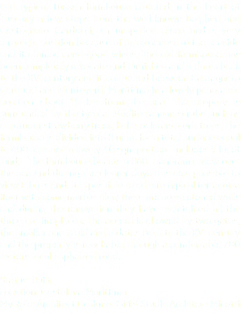 Old typical Tuscan farmhouse situated in the heart of Tuscany a few steps from the well-known Bolgheri and Castagneto Carducci, an unspoiled place and a very strategic position because of its closeness to the seaside and its famous and good wines. The old farmhouse has been completely revocate and furnished and it dates back to the XVI century and it is situated between Castagneto Carducci and Monteverdi Marittimo in a lovely panoramic position about 15 km from the sea. The propety is surrounded by the typical Mediterranean scrubs such as arbutus or strawberry trees, holm-oaks and cork-trees. The farmhouse is divided into 3 units for a total surface equal to 400 sqm and a lovely 40 sqm portico includes 9 ha of land. The farmhouse boasts a 360° panoramic view over the sea and during the clearer days it is also possible to view Elba Island. It is possible to admire typical terracotta floor with some marble tiles; there are some stoned walls and during the renovation they have maintained all the three old fireplaces. The access is allowed by two gates, the smaller one is old and it dates back to the XVI century and the property is reachable through a comfortable 700 meters local asphalted road. Status: Built Location: Castellina Marittima My Role: Architect Designer GMM Studio Architect Micotti 